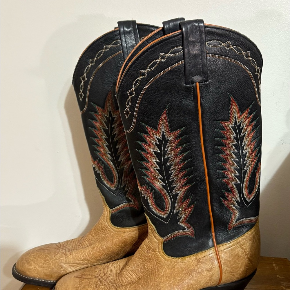 Tony Lama Black Shaft Cowboy Boots with Tan Foot and Orange Piping